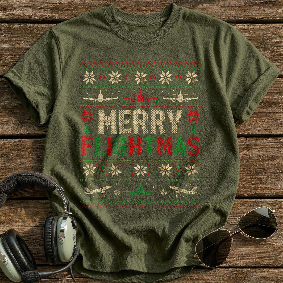 Merry Flightmas 80 T-Shirt - Military Green