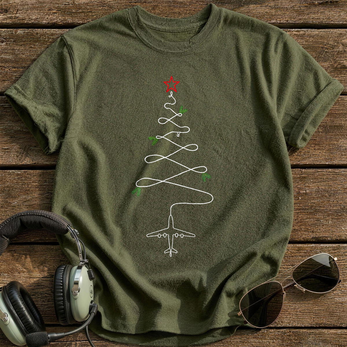 Minimal Line Plane Tree 82 T-Shirt - Military Green