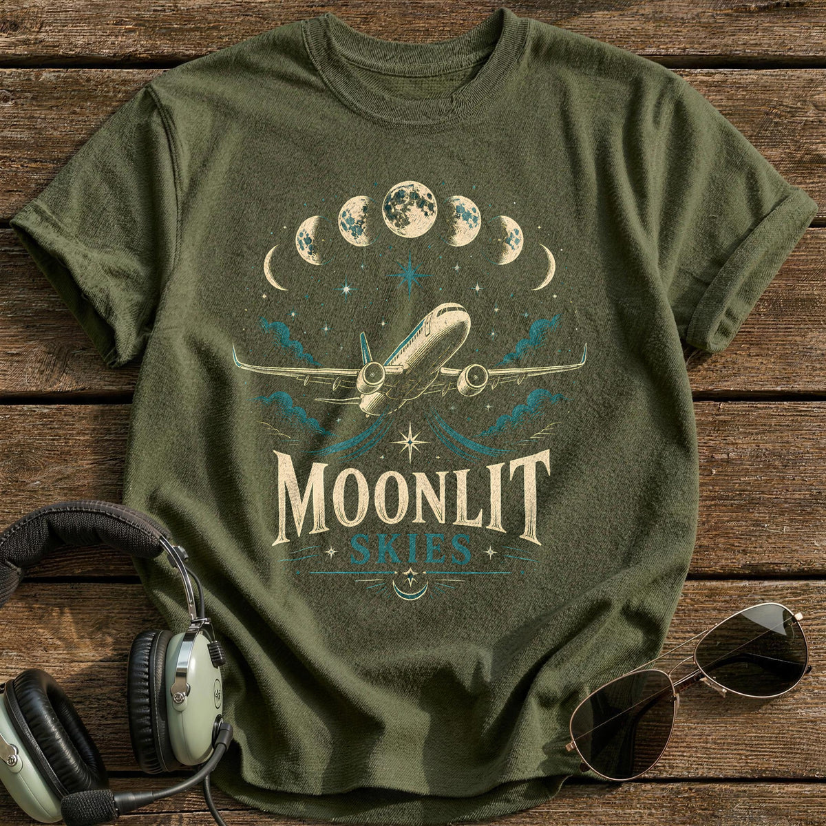 Moonlit Skies Celestial 39 T-Shirt - Military Green