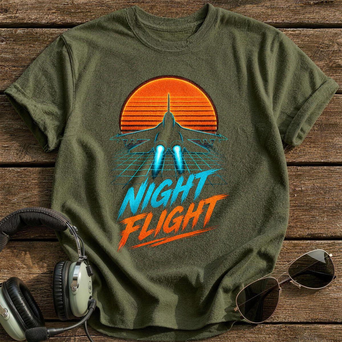 Night Flight Synthwave 71 T-Shirt - Military Green