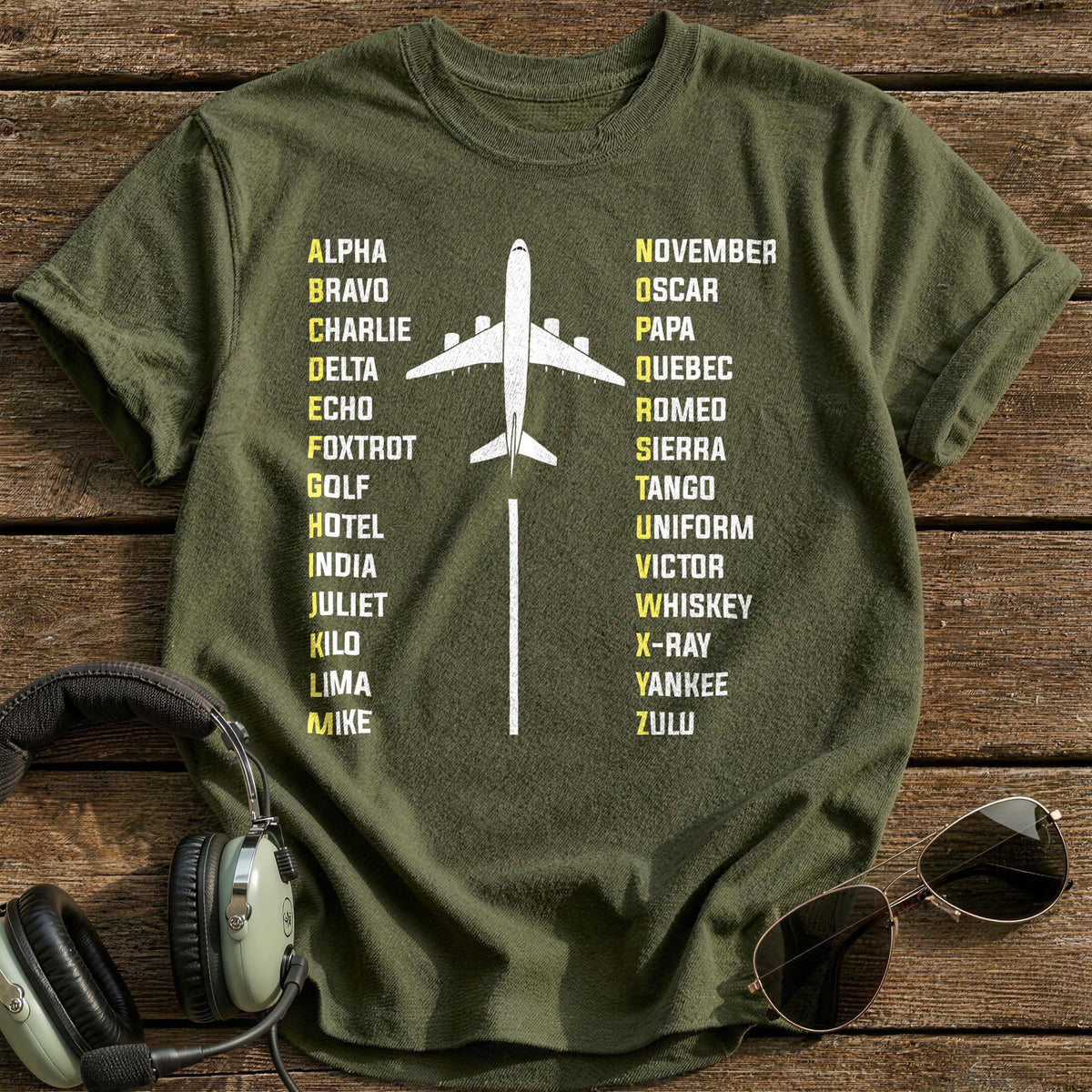 Phonetic Alphabet Airliner T-Shirt - Military Green