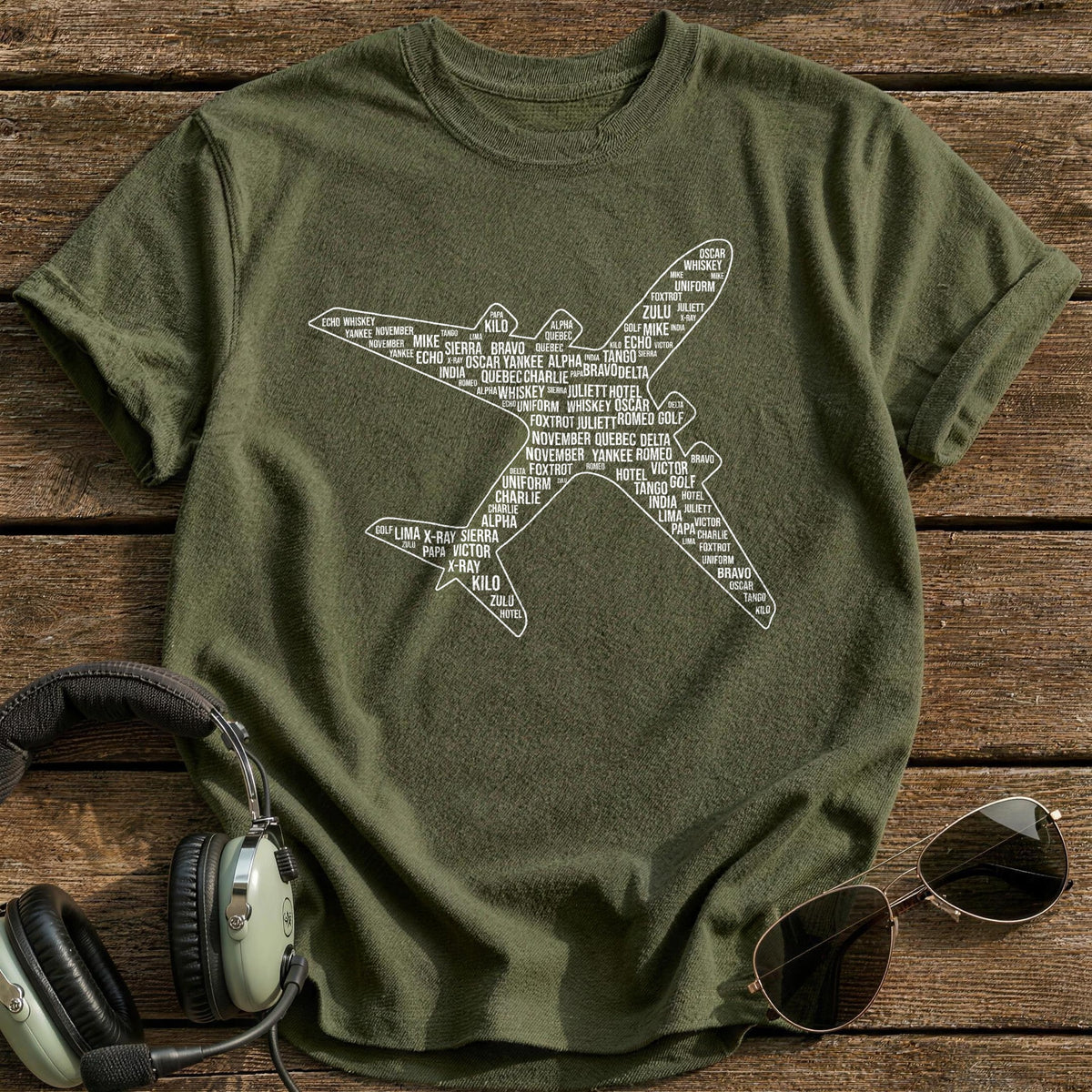 Phonetic Alphabet Plane Word Cloud T-Shirt - Military Green