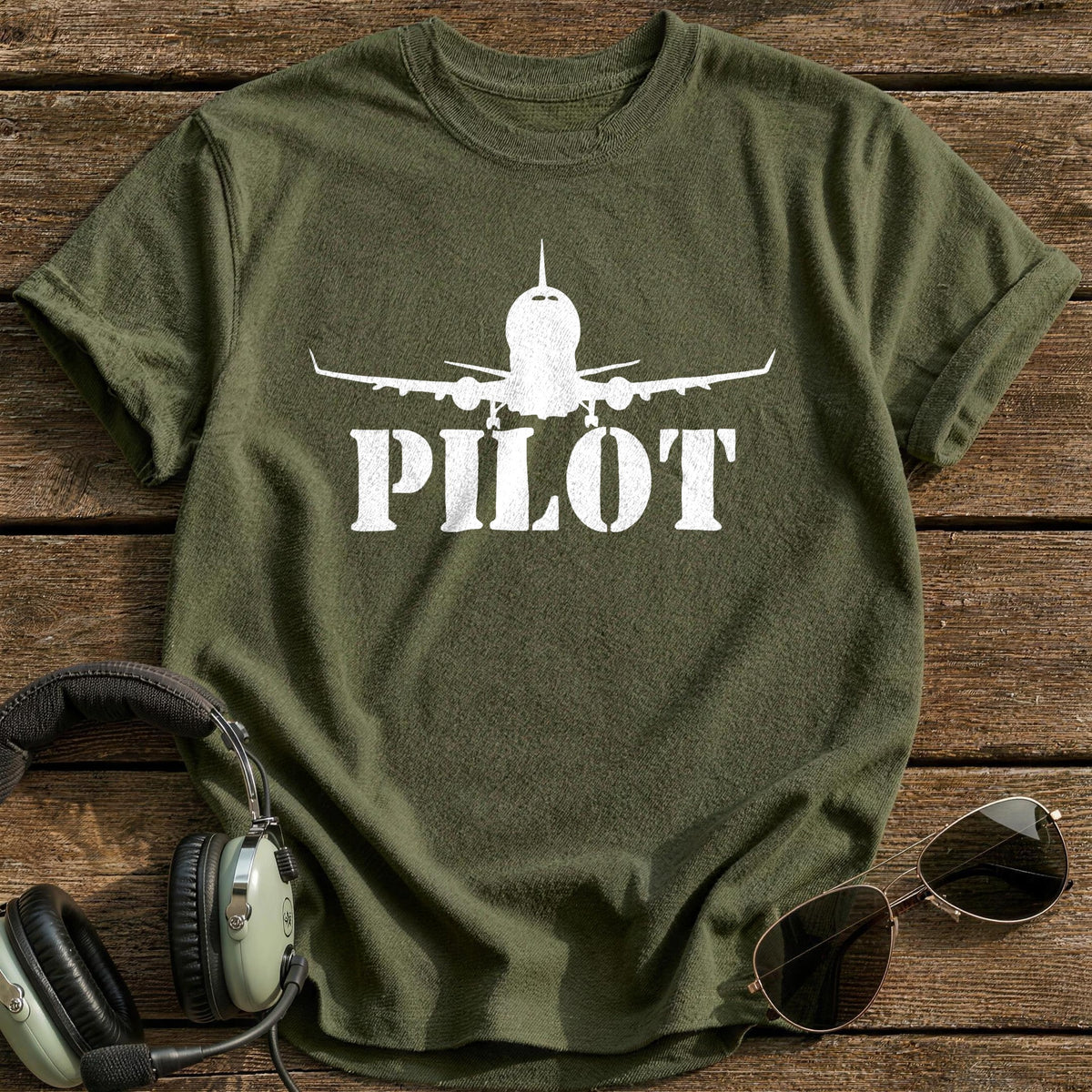 Pilot Airliner Silhouette T-Shirt - Military Green