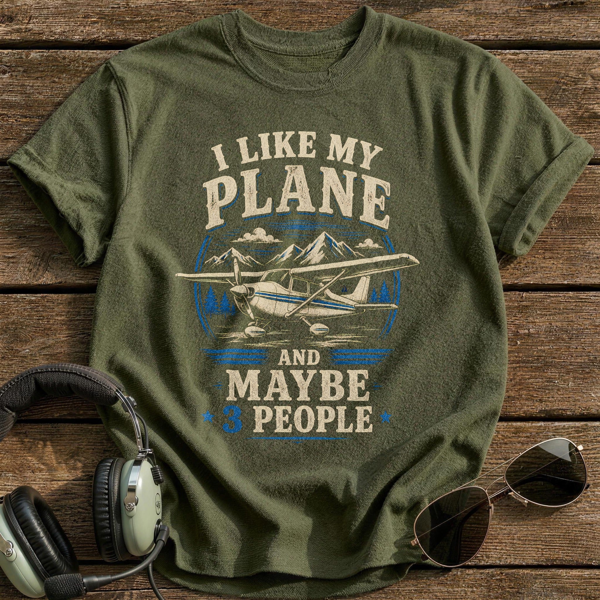 Plane And 3 People 49 T-Shirt - Military Green