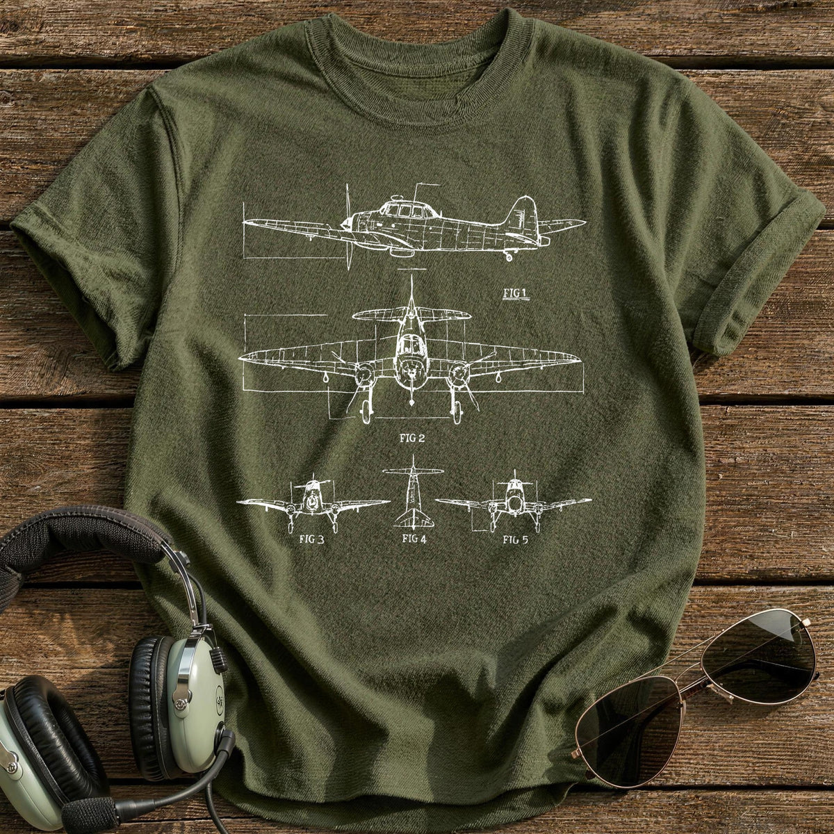 Plane Blueprint T-Shirt - Military Green