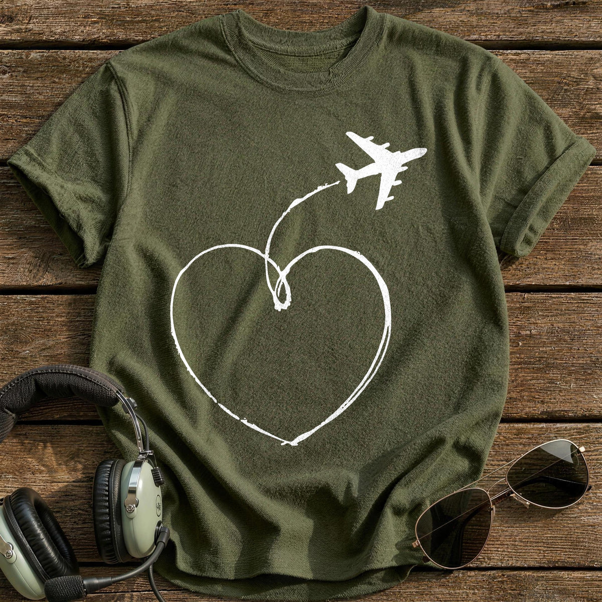 Plane Heart Contrail T-Shirt - Military Green