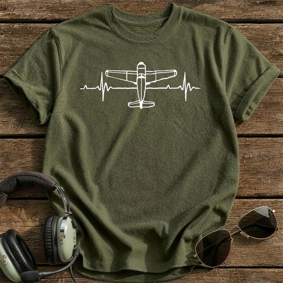 Plane Heartbeat T-Shirt - Military Green