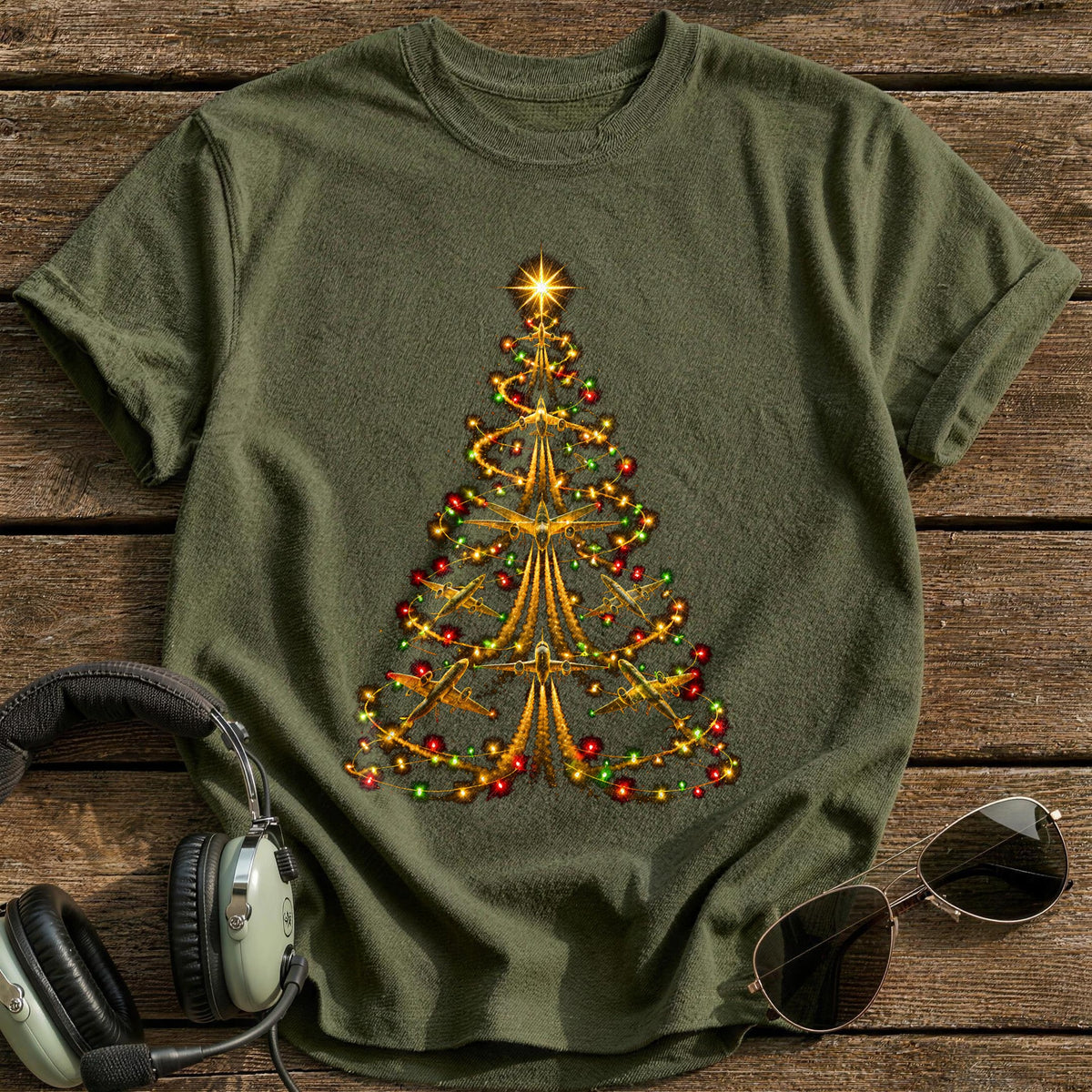 Plane Lights Tree 16 T-Shirt - Military Green