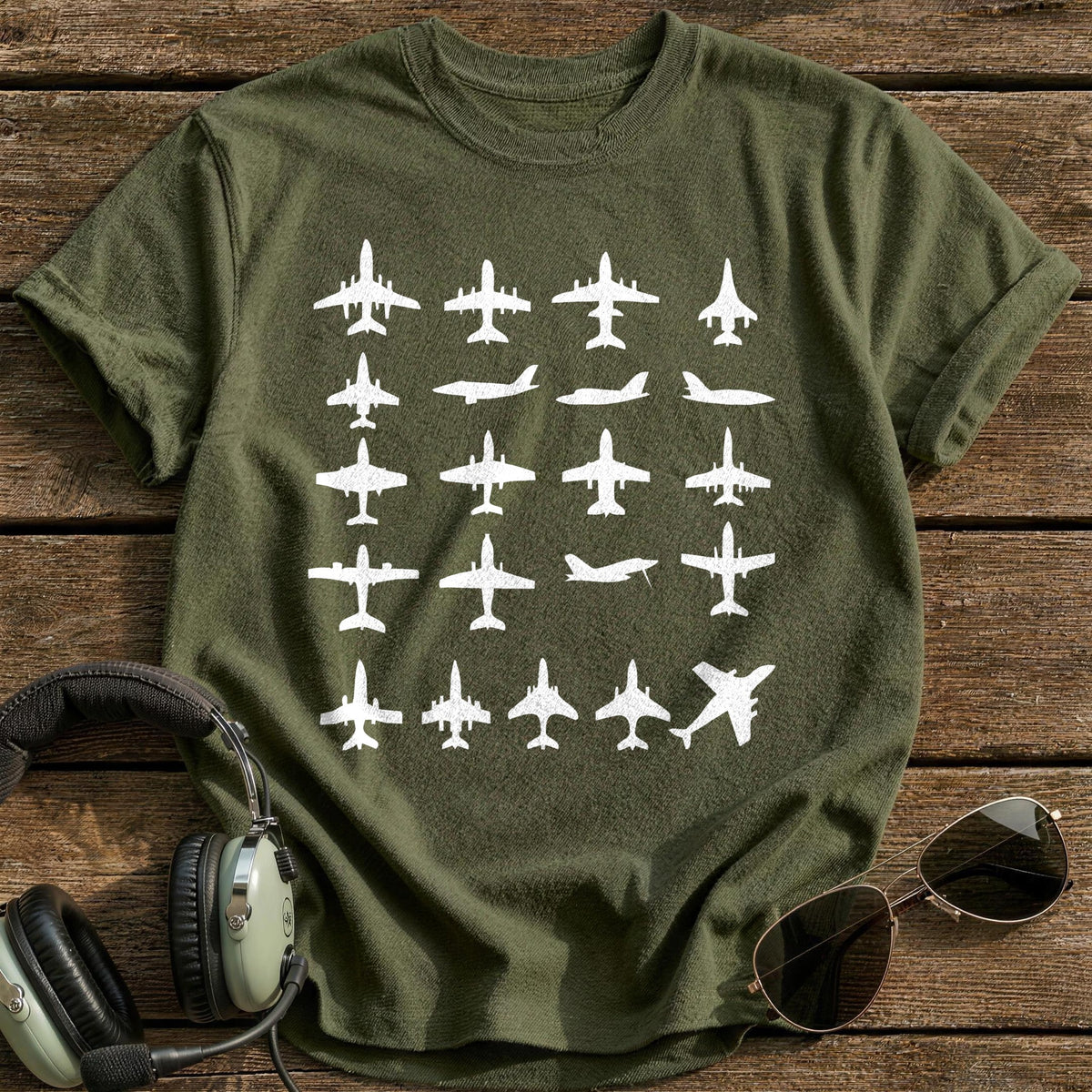 Plane Silhouette Grid T-Shirt - Military Green