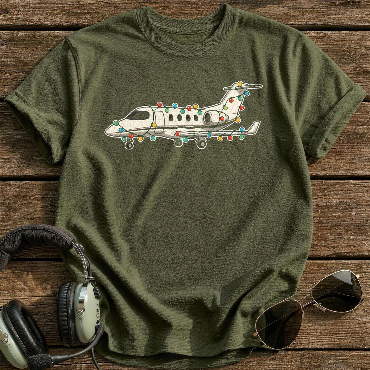 Private Jet Christmas Lights 18 T-Shirt - Military Green
