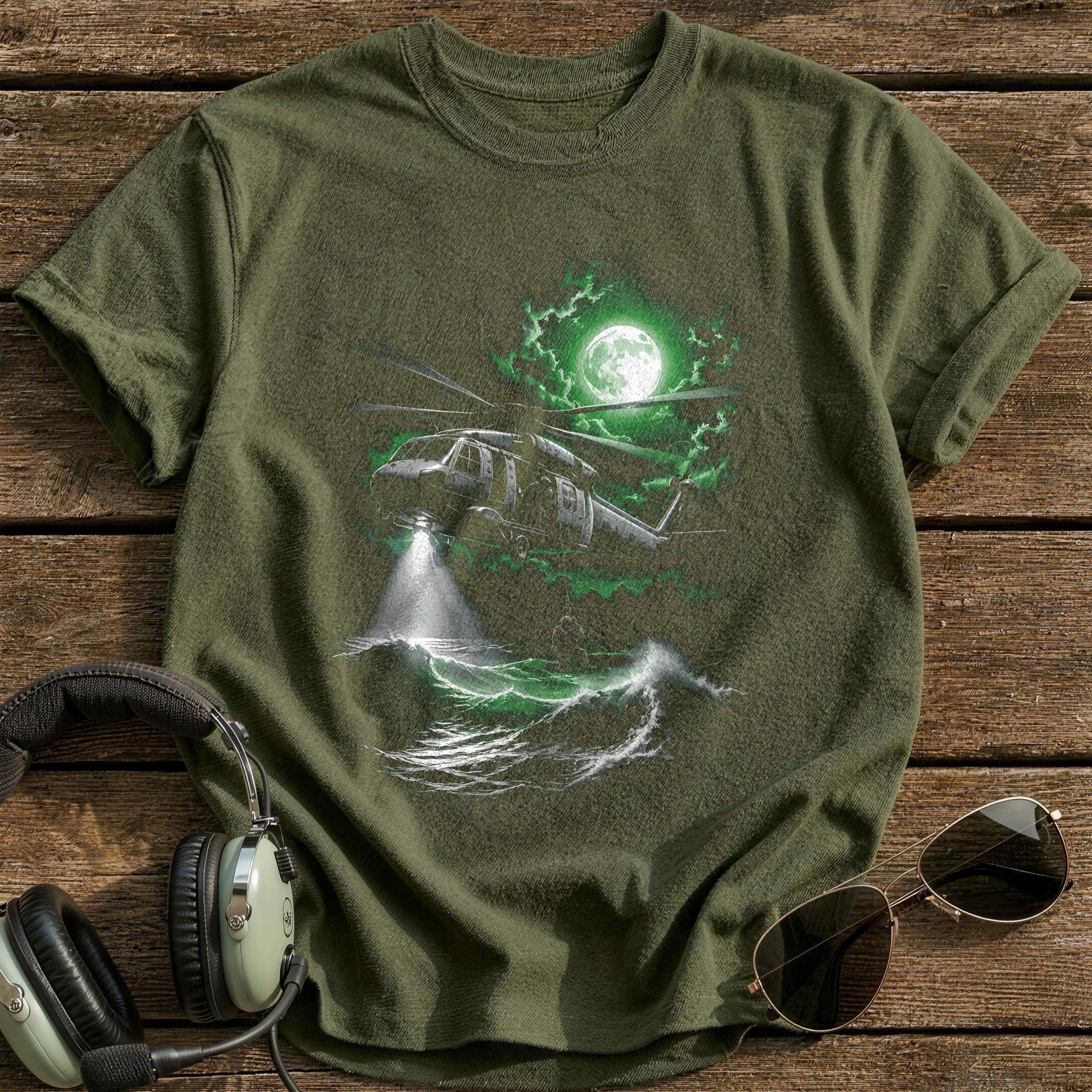 Rescue Helicopter Moon T-Shirt - Military Green