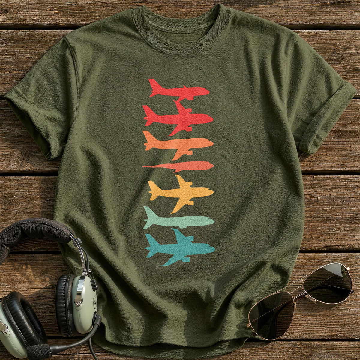 Retro Planes Stack T-Shirt - Military Green