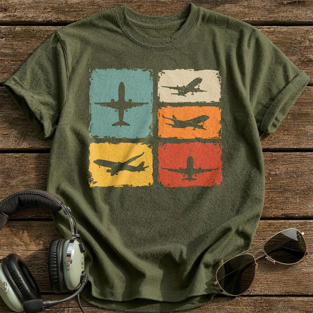 Retro Planes Tiles T-Shirt - Military Green