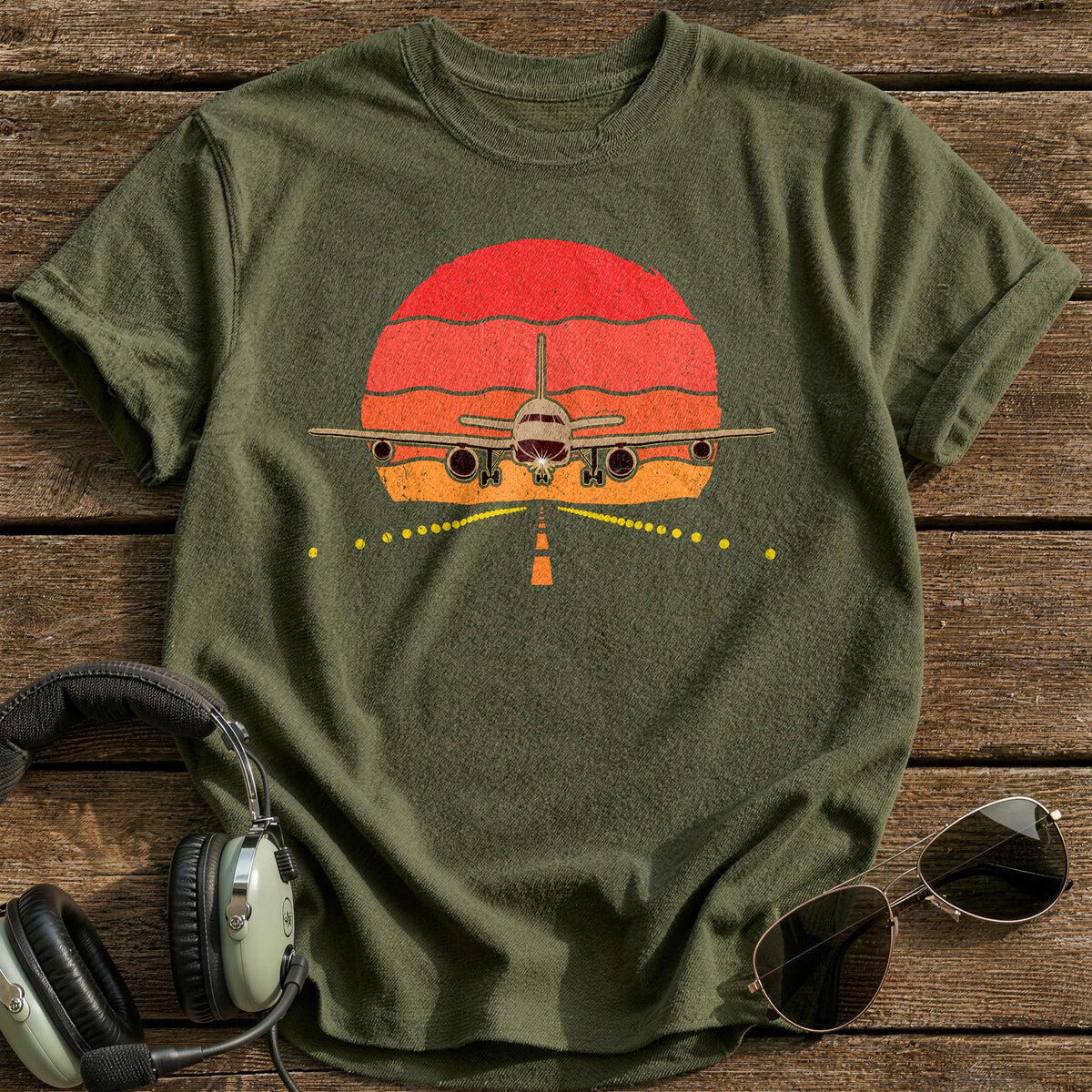 Runway Sunset Approach T-Shirt - Military Green