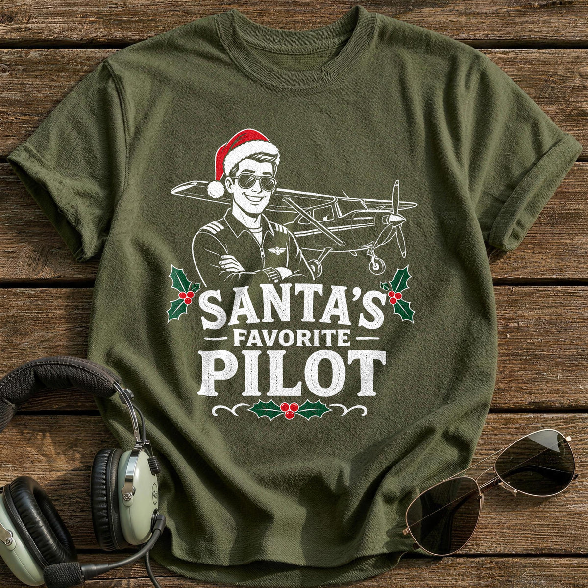 Santa's Favorite Pilot 50 T-Shirt - Military Green