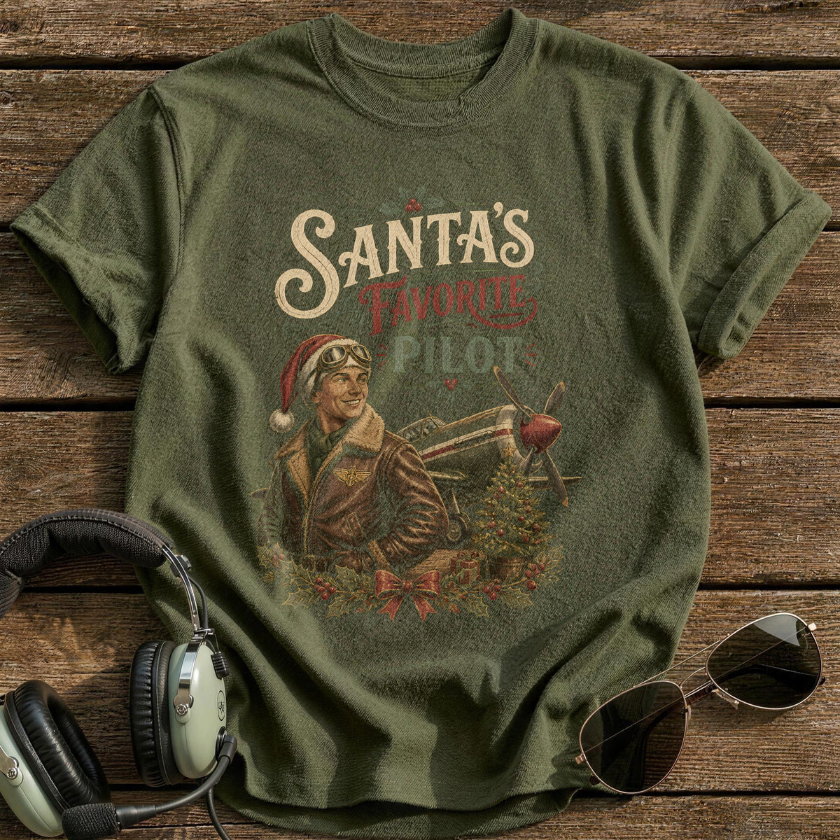 Santa's Favorite Pilot 69 T-Shirt - Military Green