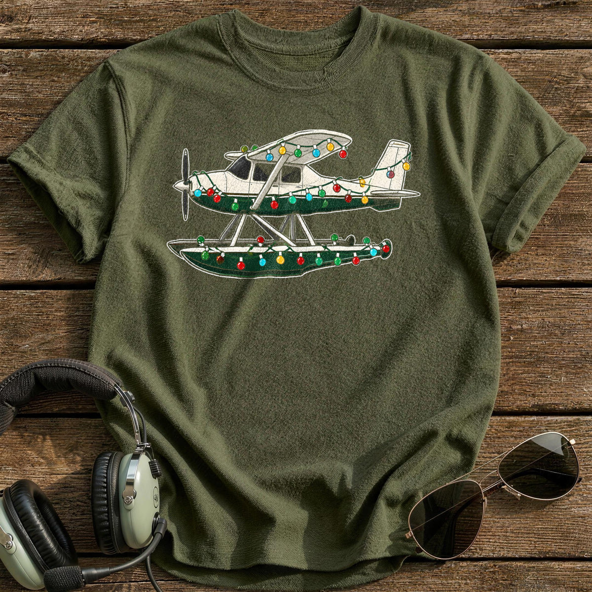 Seaplane Christmas Lights 77 T-Shirt - Military Green