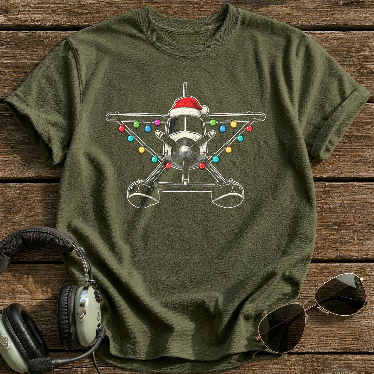 Seaplane Christmas Lights 83 T-Shirt - Military Green