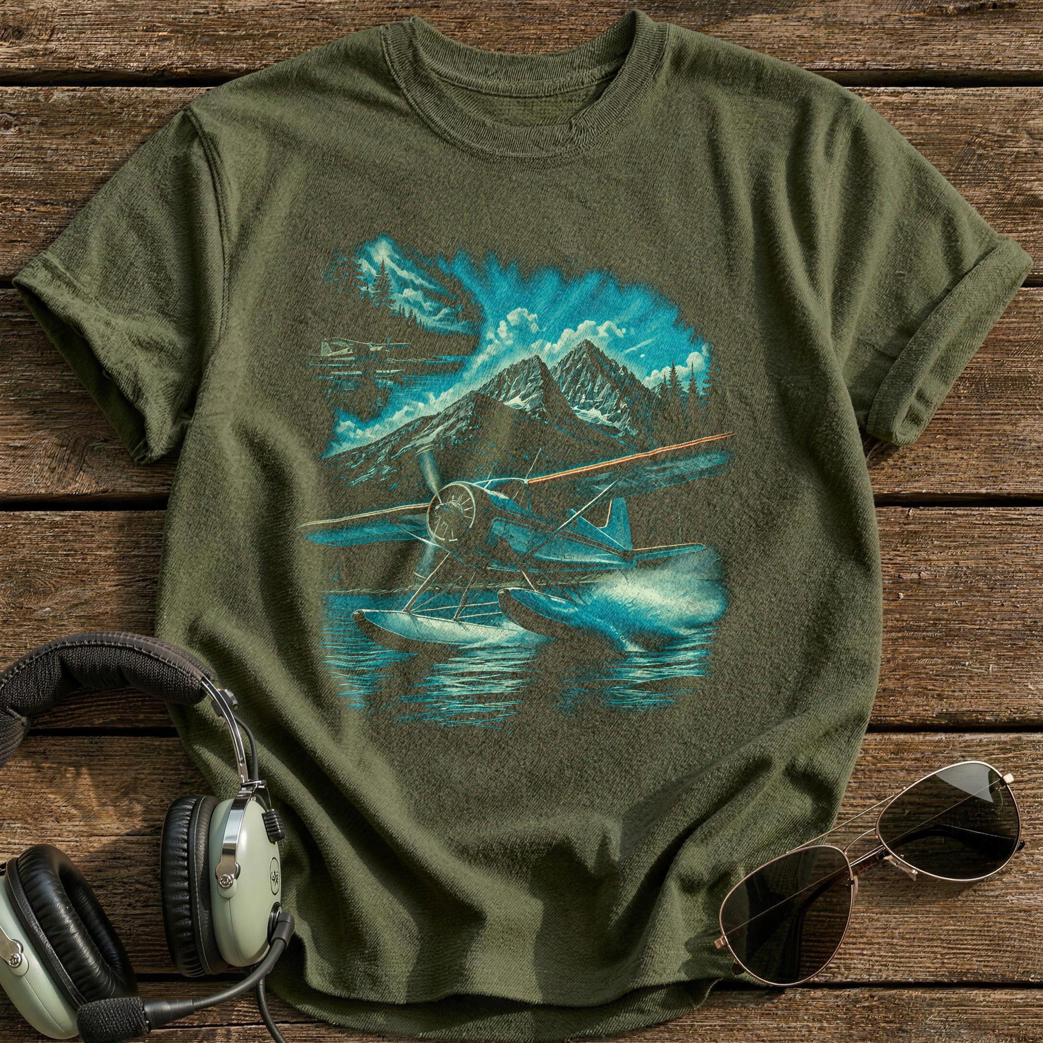Seaplane Mountains T-Shirt - Military Green