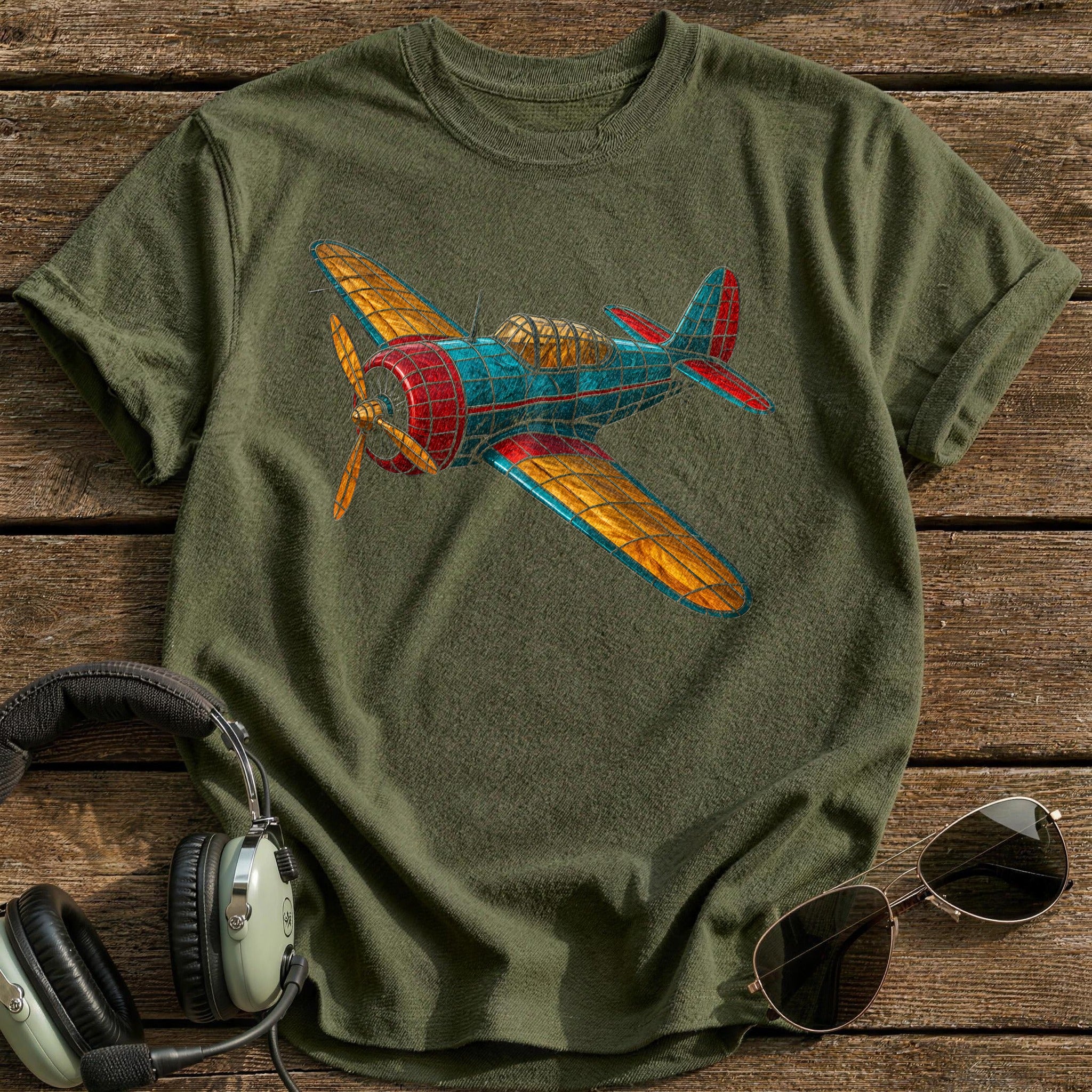 Stained Glass Plane 93 T-Shirt - Military Green