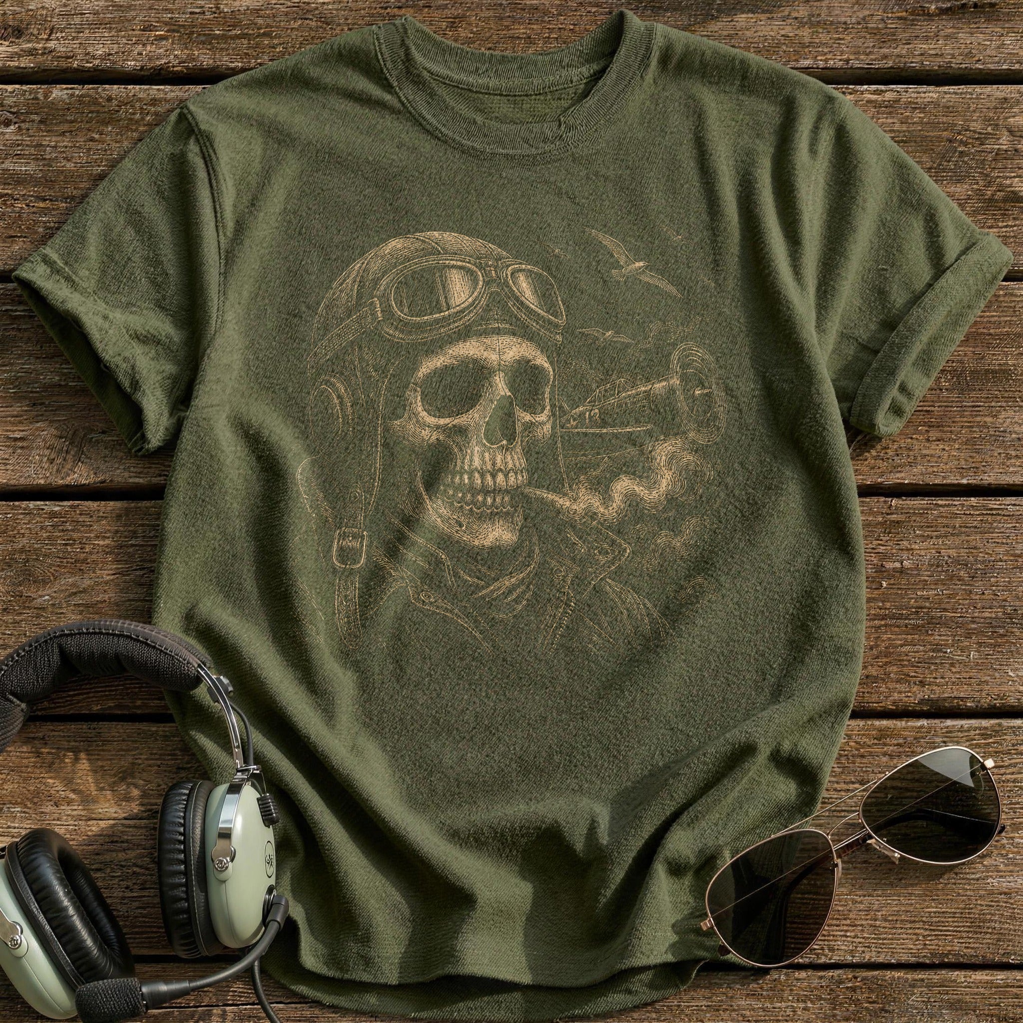 Test Pilot Skull Flying Helmet T-Shirt - Military Green