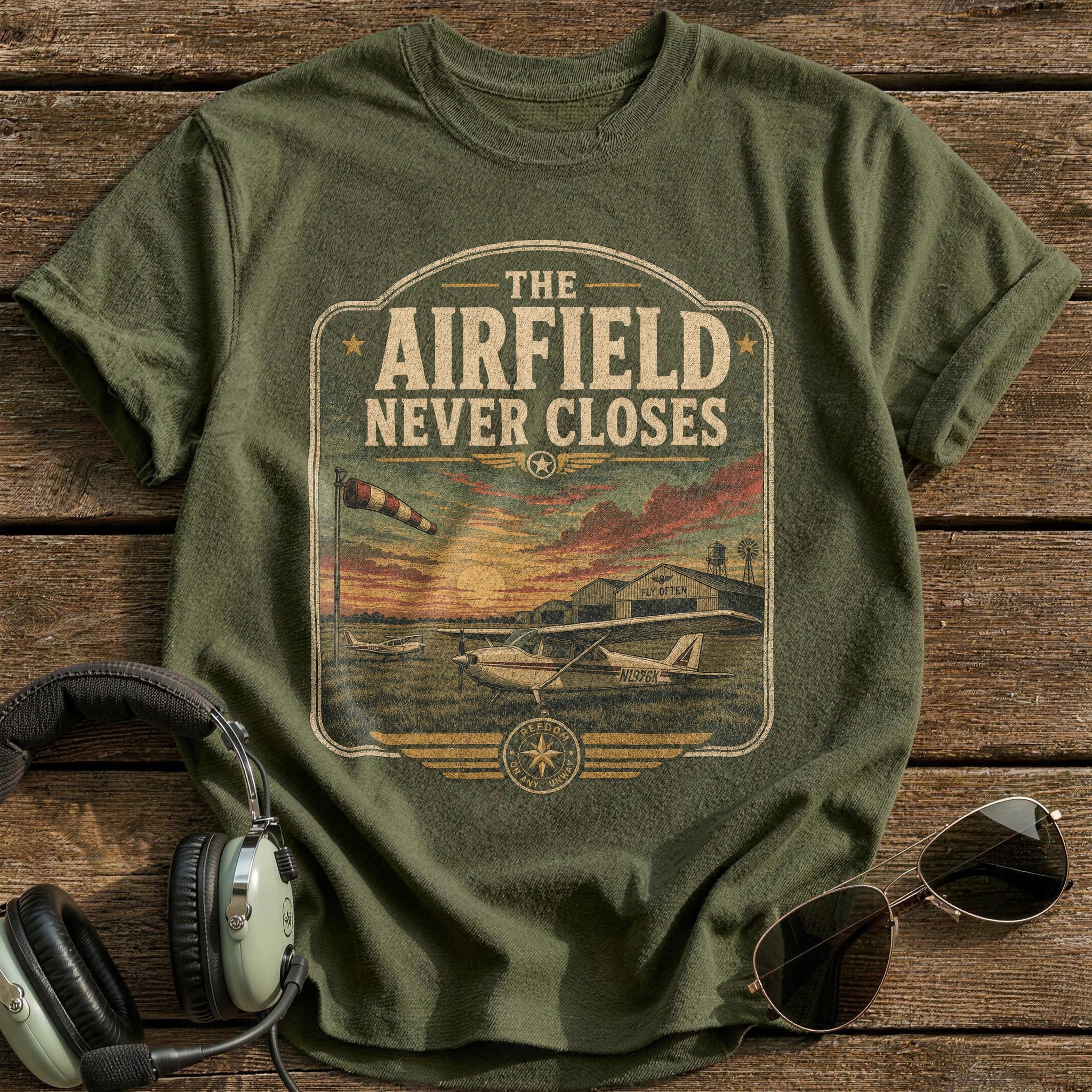 The Airfield Never Closes T-Shirt - Military Green