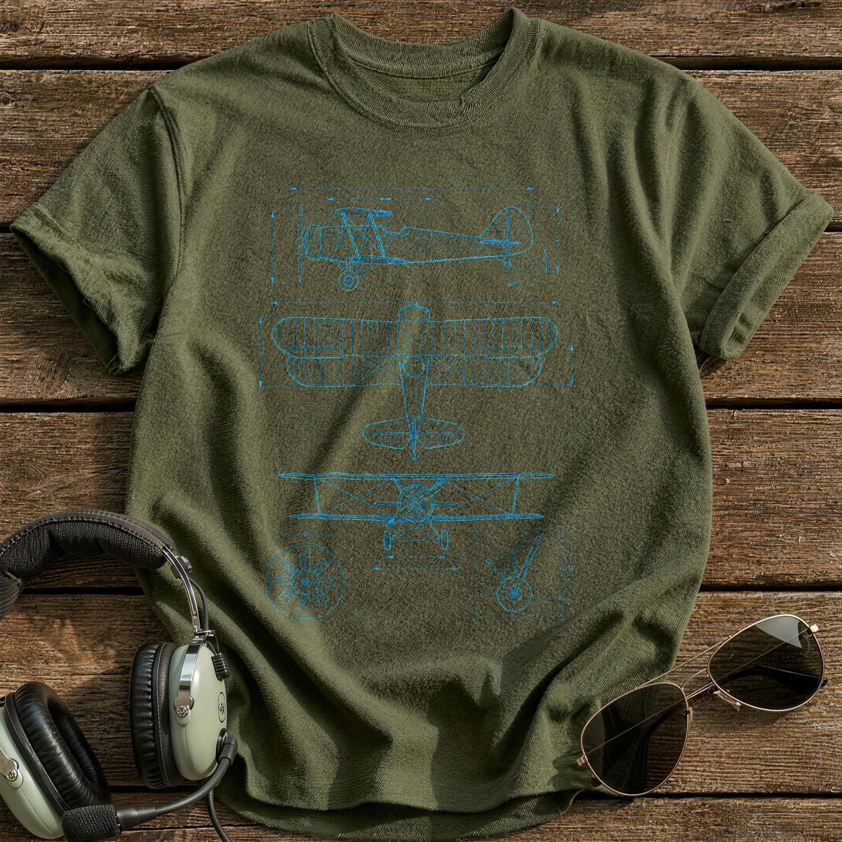 Three View Blueprint T-Shirt - Military Green