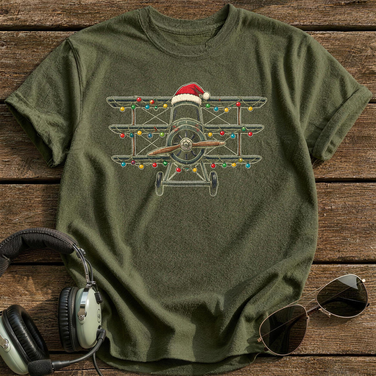 Triplane Christmas Lights 21 T-Shirt - Military Green