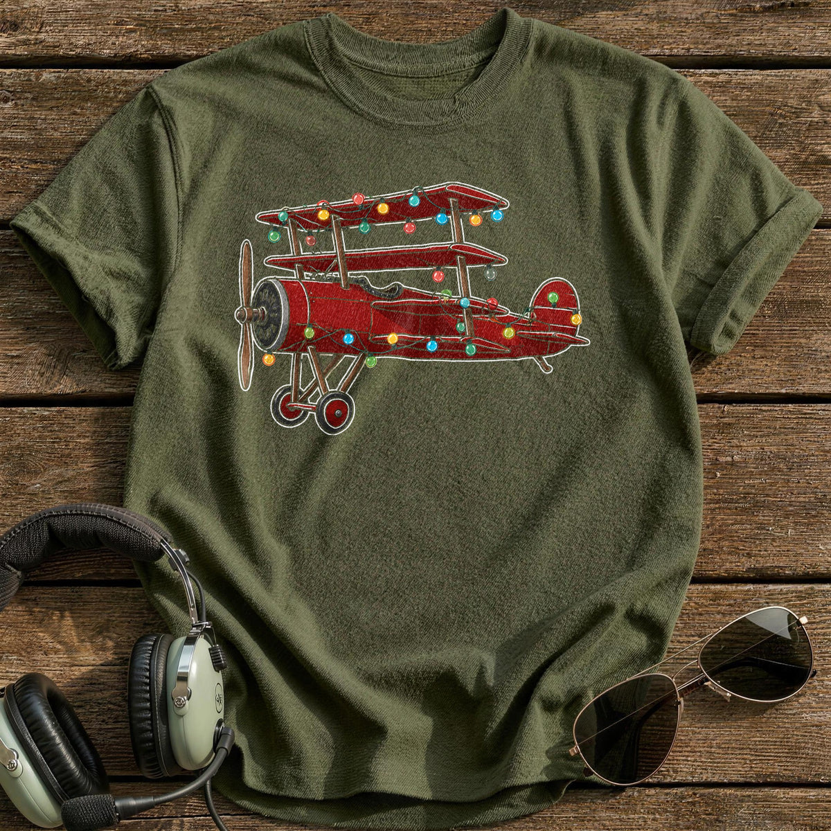 Triplane Christmas Lights 33 T-Shirt - Military Green