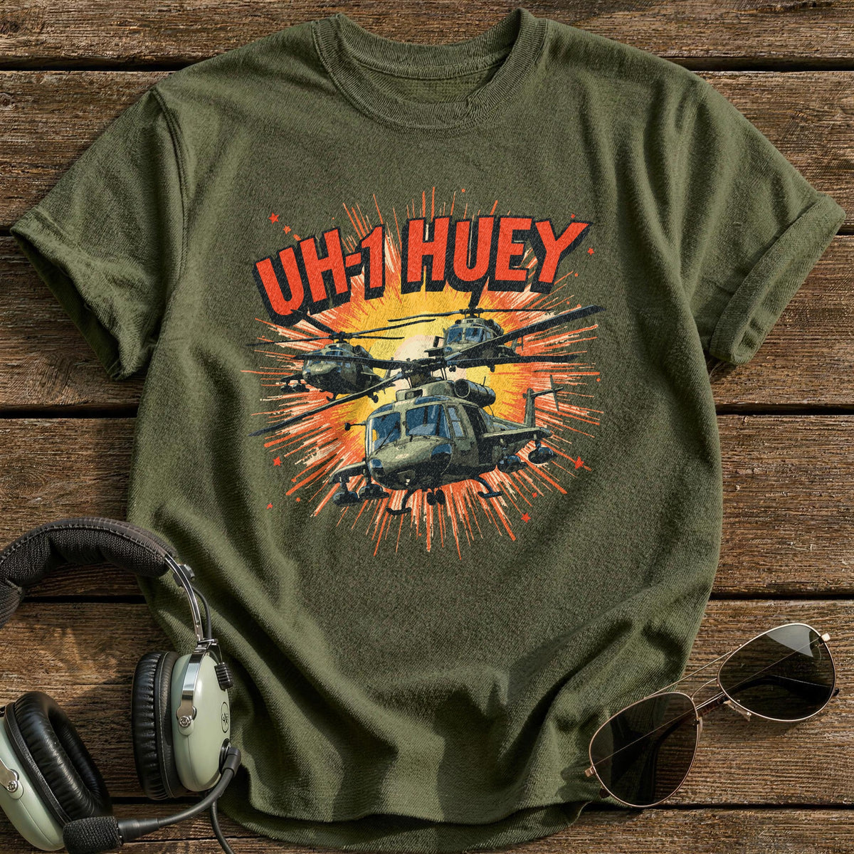 UH-1 Huey Comic Burst T-Shirt - Military Green