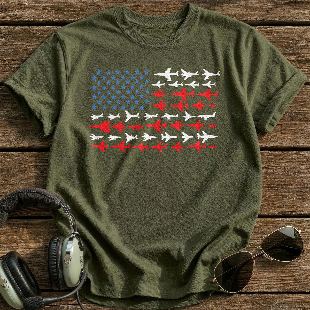 USA Flag Planes T-Shirt - Military Green