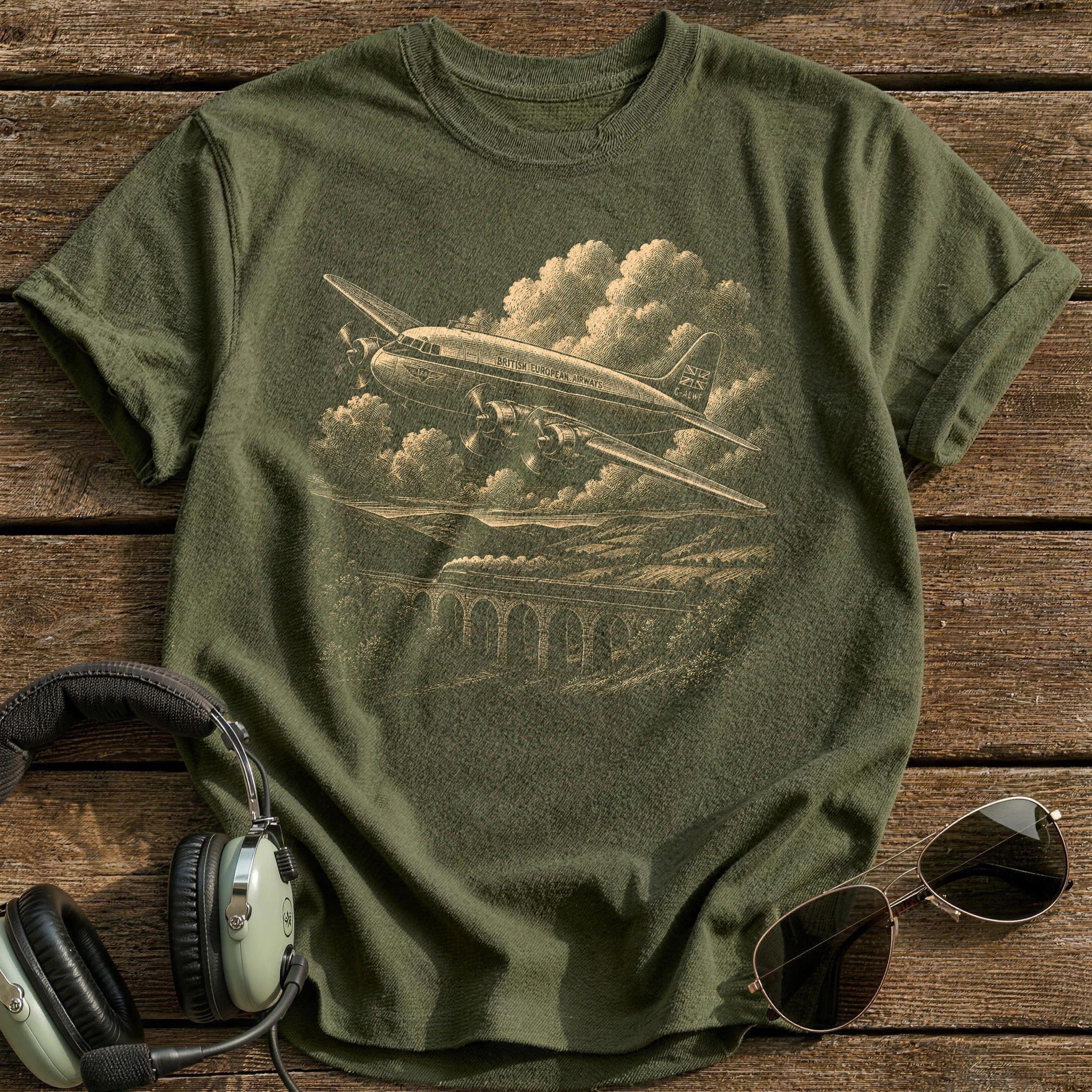Vintage Airliner Over Hills T-Shirt - Military Green
