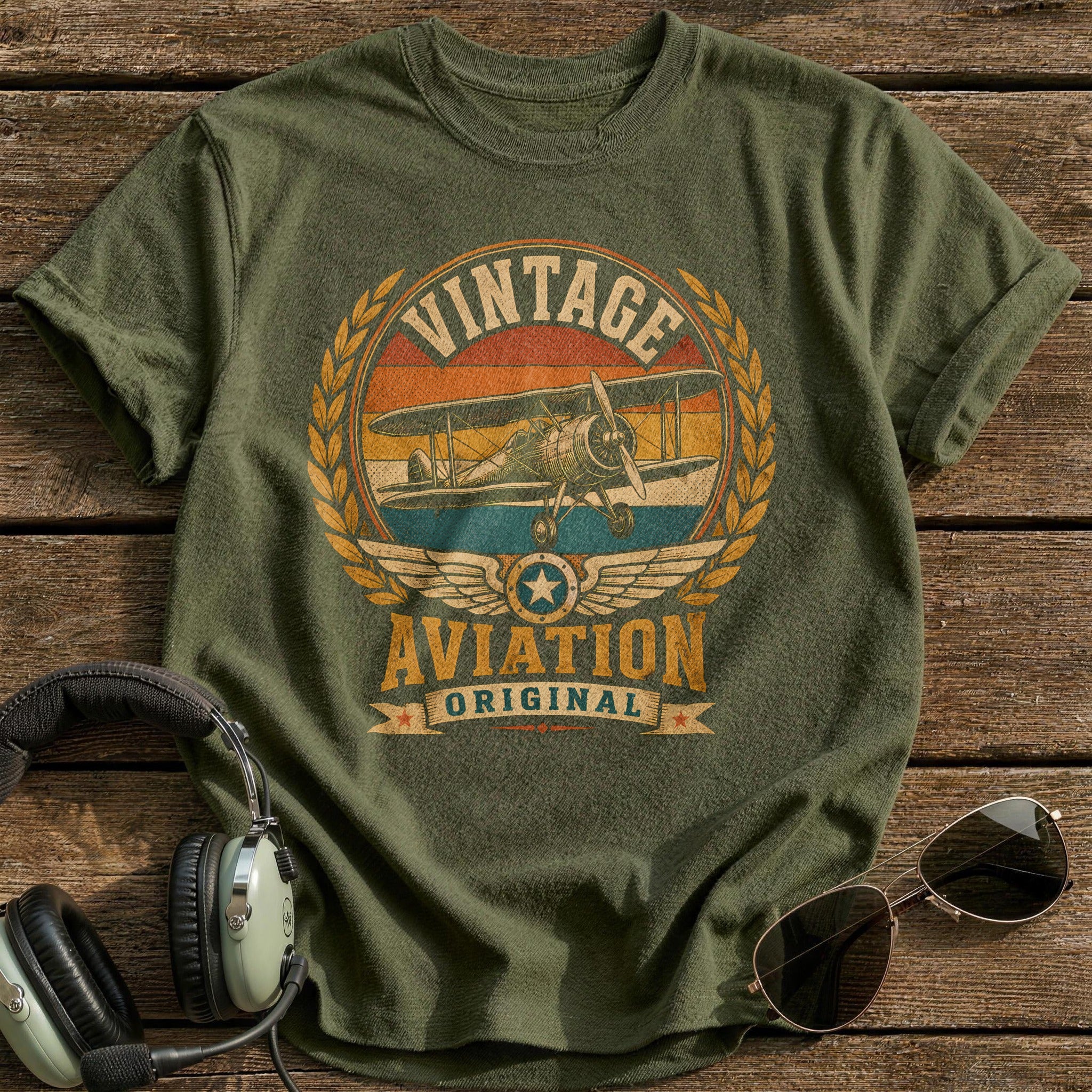 Vintage Biplane Crest - Military Green