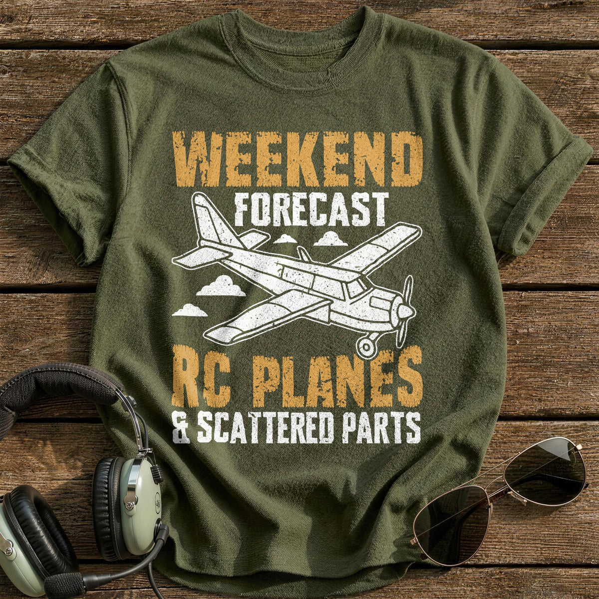 Weekend Forecast RC Planes And Scattered Parts T-Shirt - Military Green