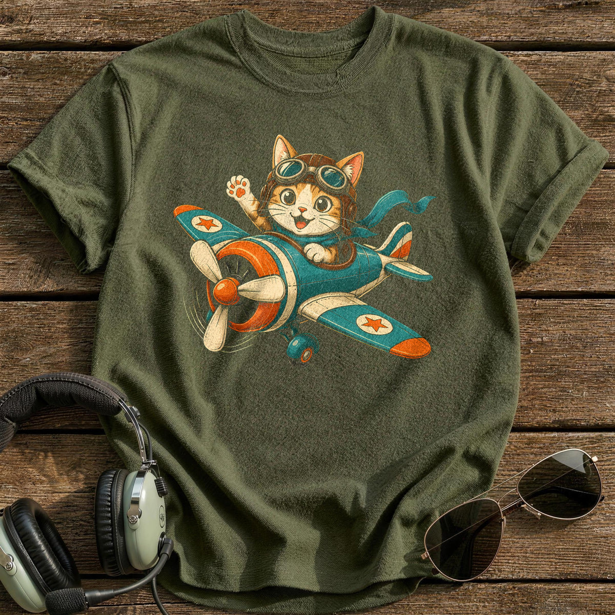 Whiskers & Goggles T-Shirt - Military Green