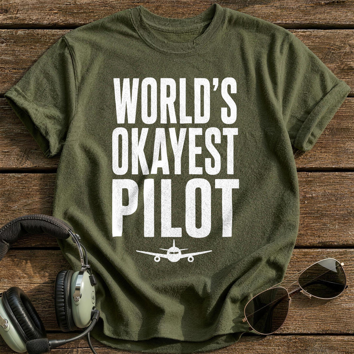 Worlds Okayest Pilot 50 T-Shirt - Military Green
