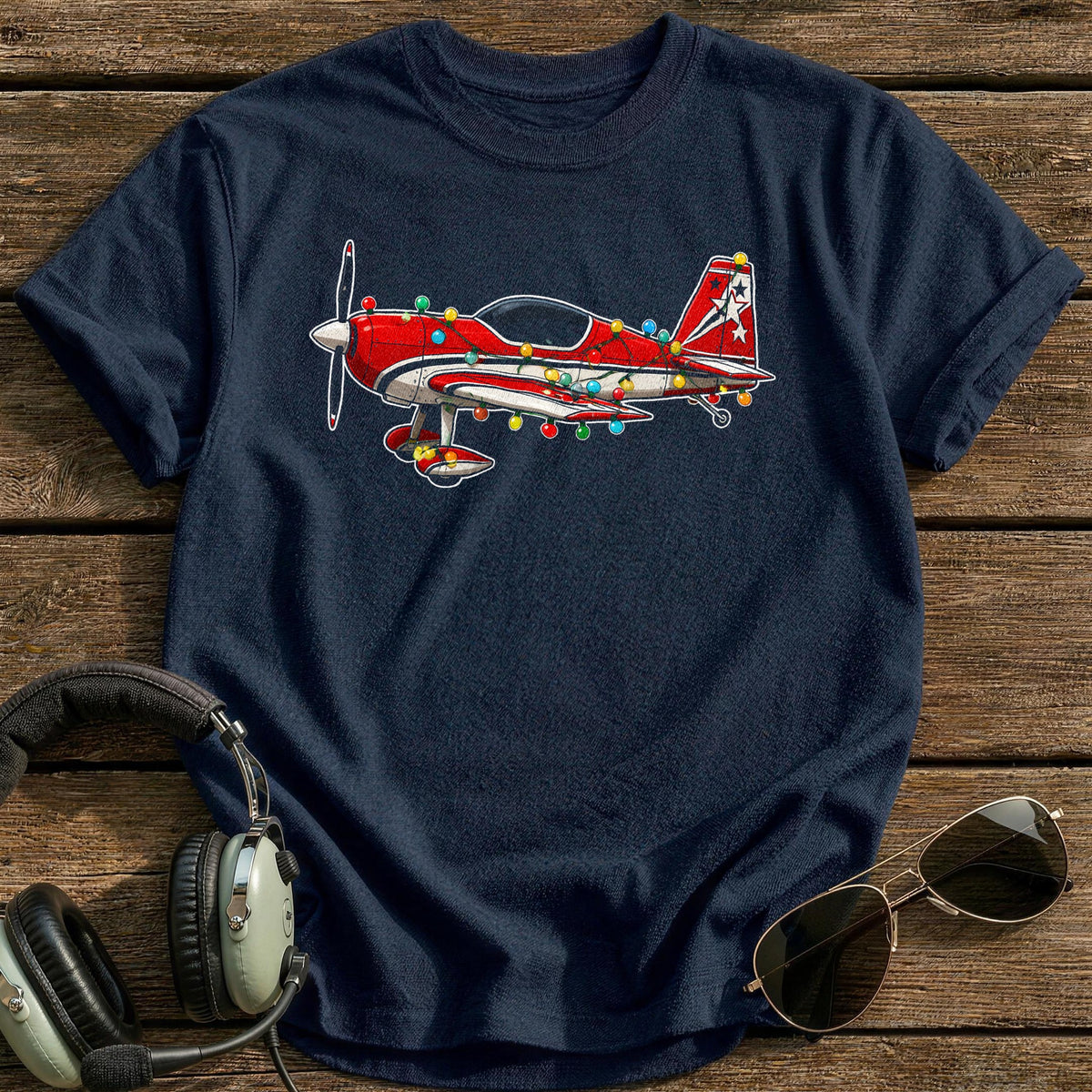 Aerobatic Plane Christmas Lights 56 T-Shirt - Navy