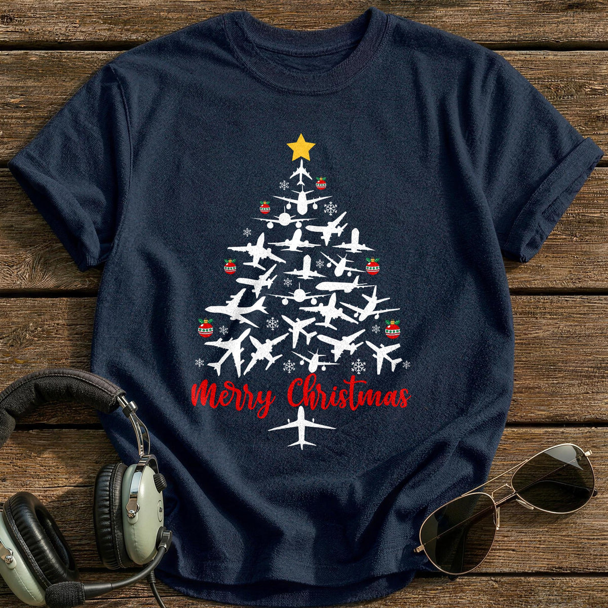 Airplane Christmas Tree T-Shirt - Navy