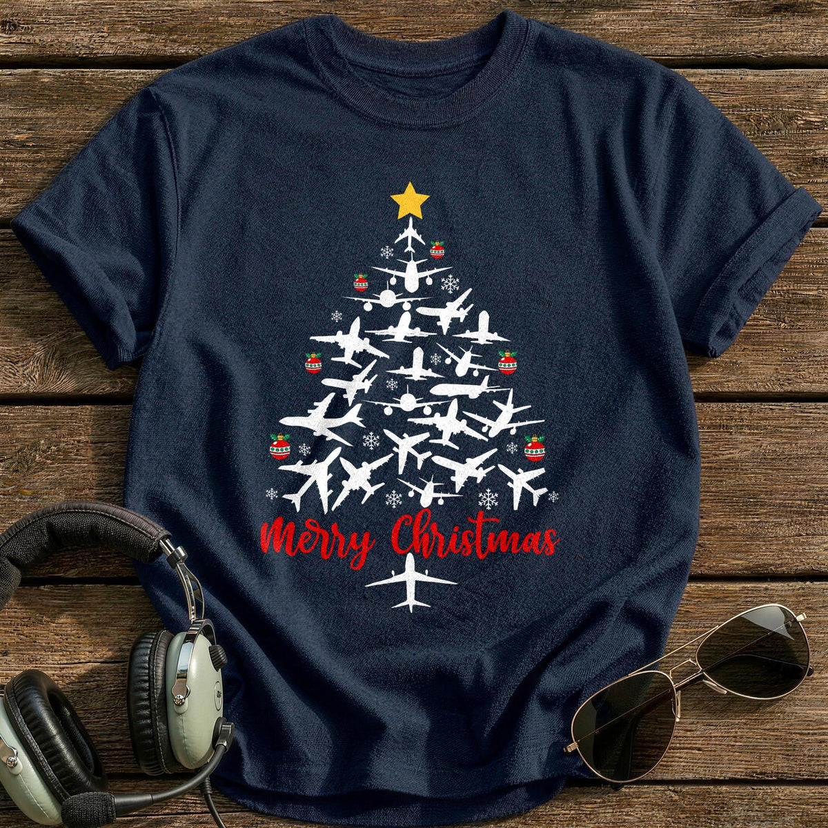 Airplane Christmas Tree Kids T-Shirt - Navy