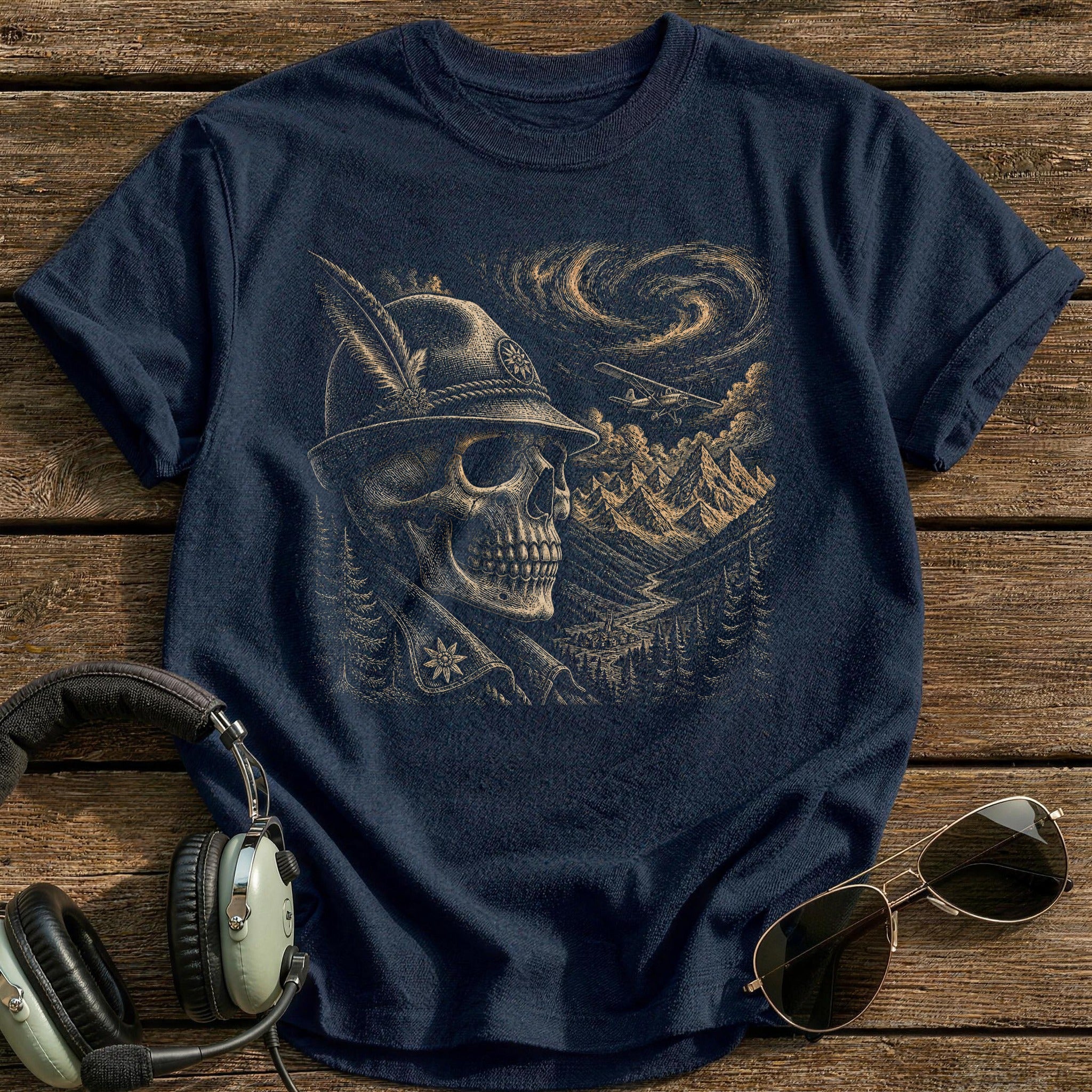 Alpine Aviator Skull Feathered Hat T-Shirt - Navy
