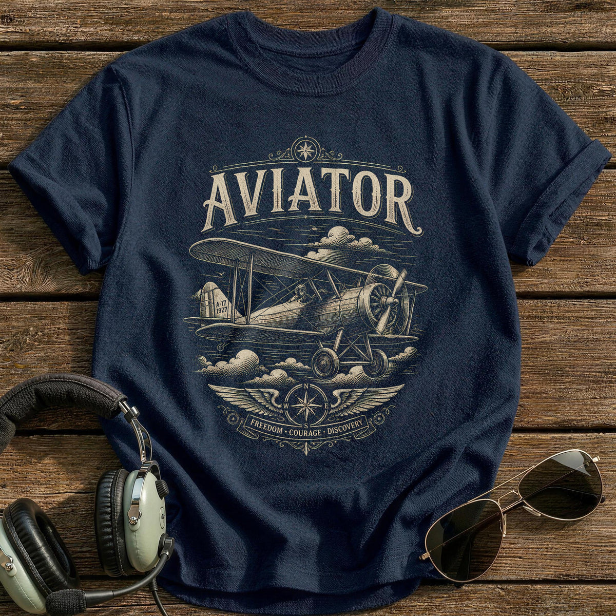 Aviator Woodcut 89 T-Shirt - Navy