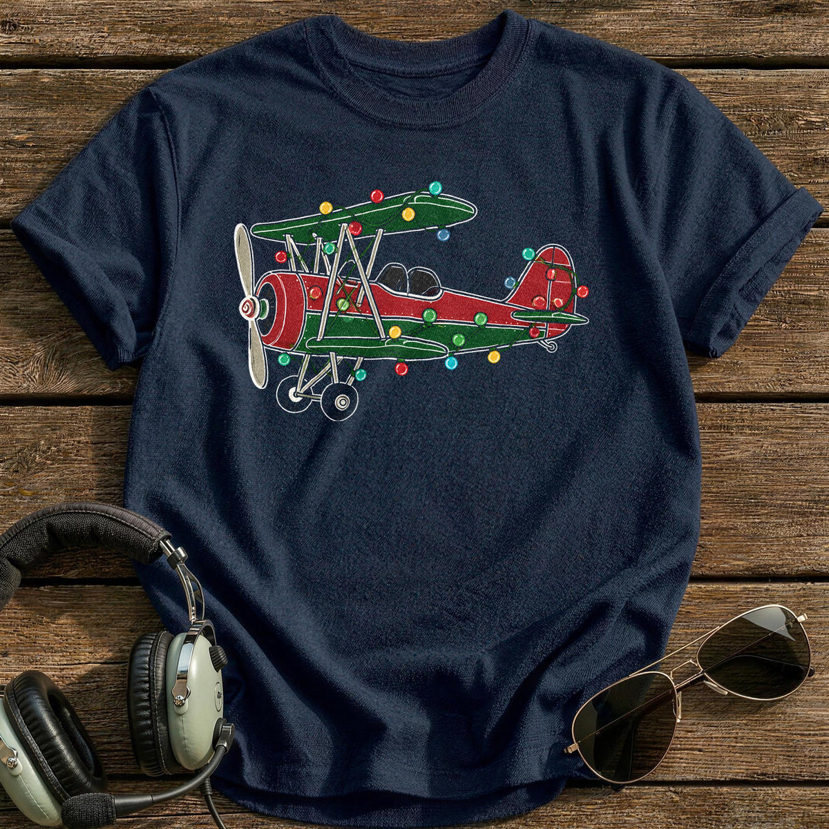 Biplane Christmas Lights 18 T-Shirt - Navy