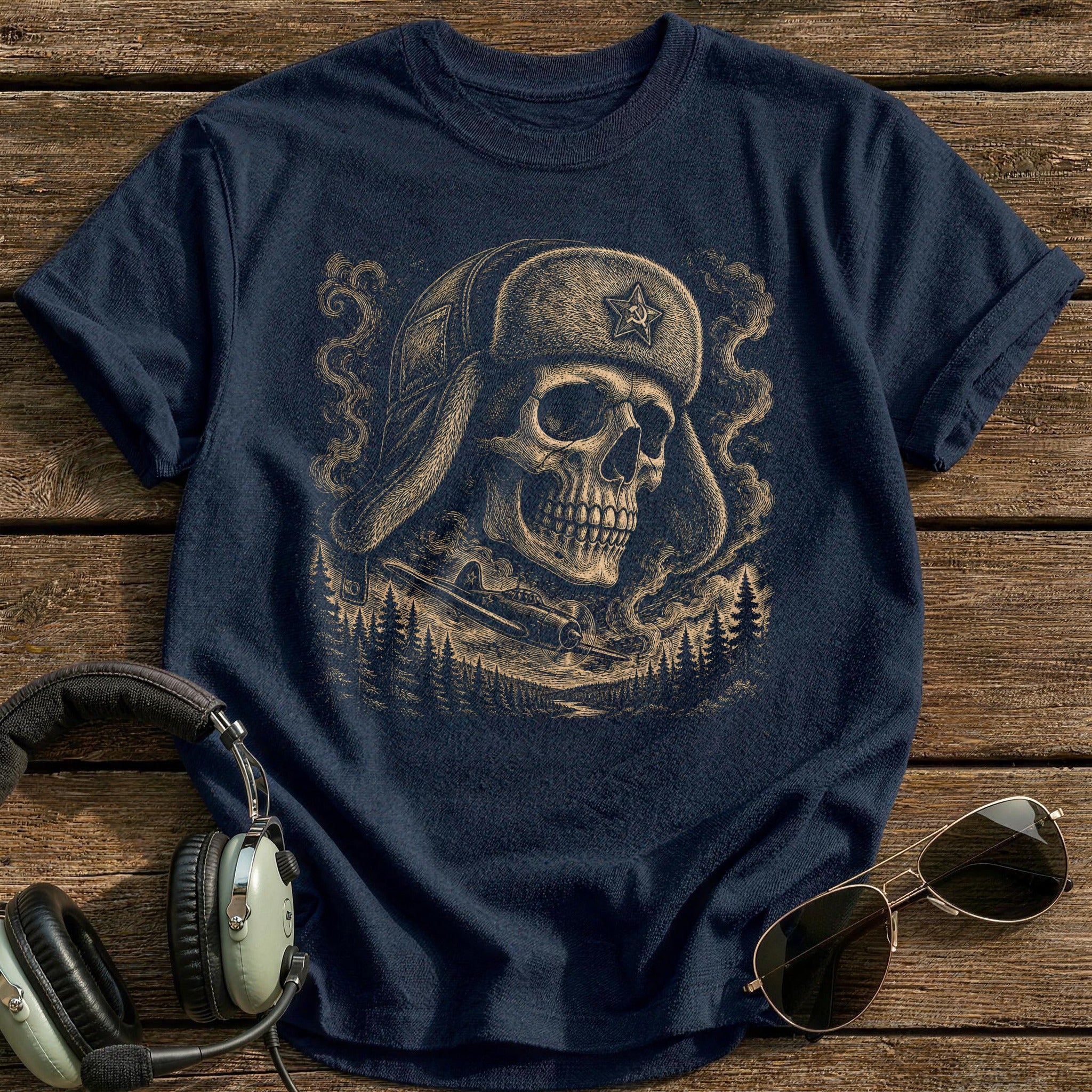 Bush Pilot Skull Ushanka T-Shirt - Navy