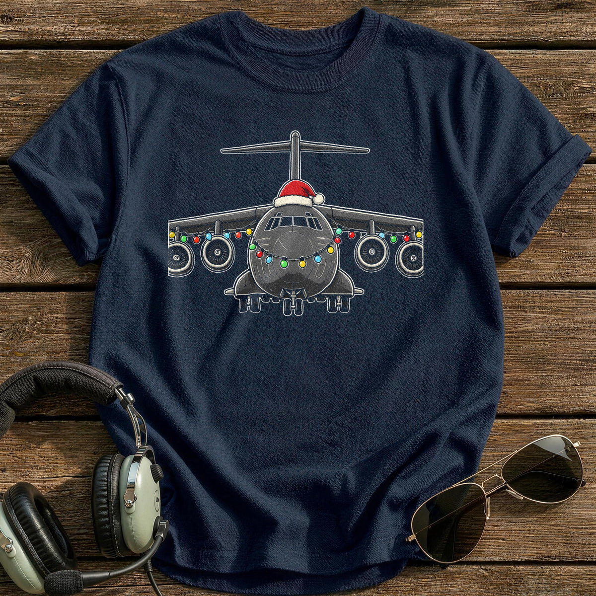 Cargo Plane Christmas Lights 19 T-Shirt - Navy