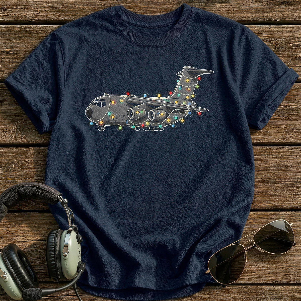 Cargo Plane Christmas Lights 89 T-Shirt - Navy