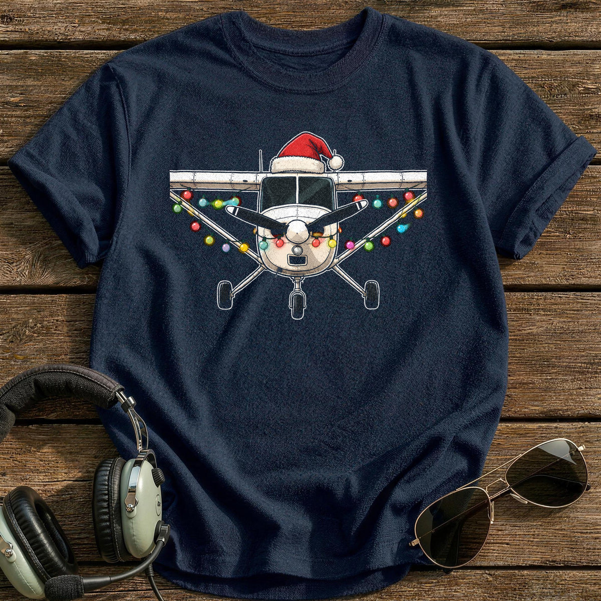 Cessna Christmas Lights 76 T-Shirt - Navy