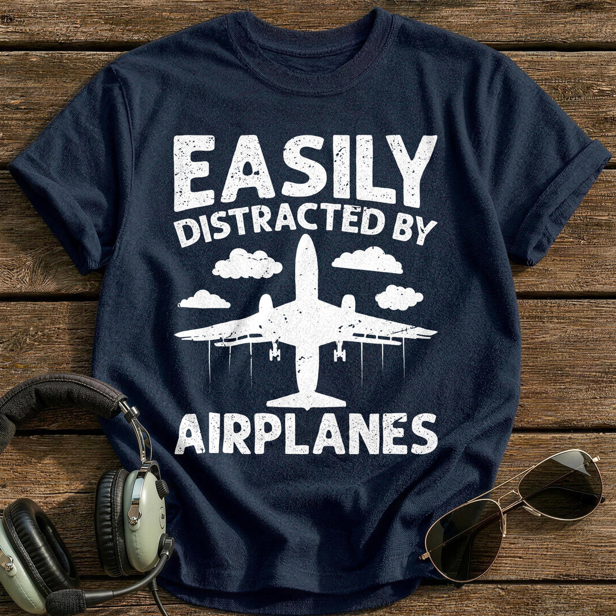 Easily Distracted By Airplanes 1 T-Shirt - Navy