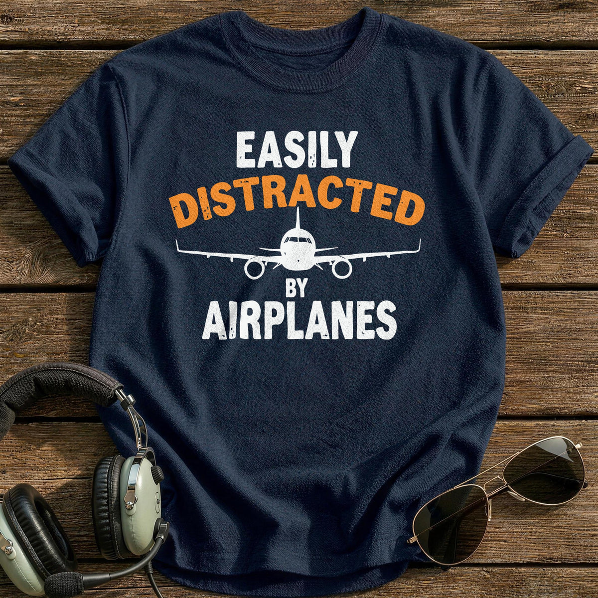 Easily Distracted By Airplanes 2 T-Shirt - Navy
