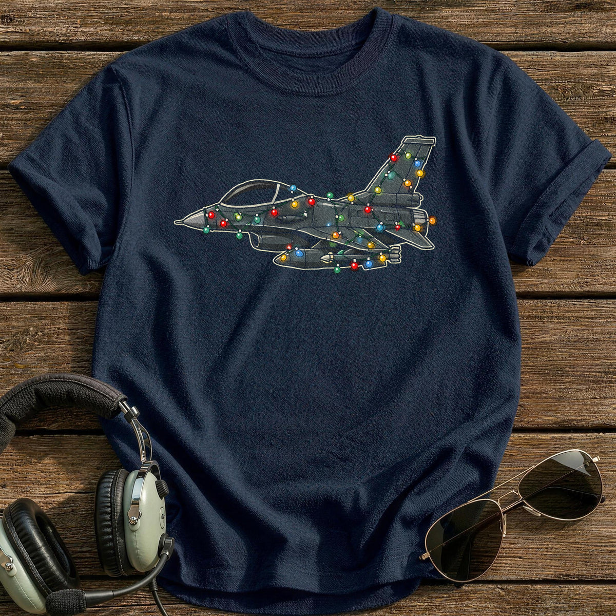 Fighter Jet Christmas Lights 12 T-Shirt - Navy