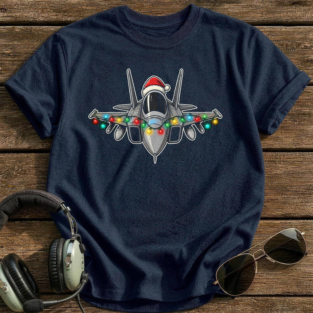 Fighter Jet Christmas Lights 49 T-Shirt - Navy
